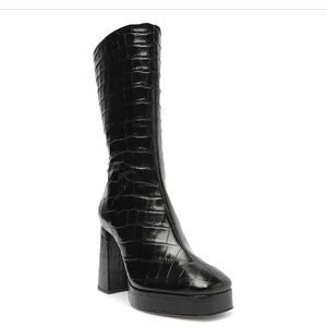 SCHUTZ Black Croc-Embossed Heeled Boots